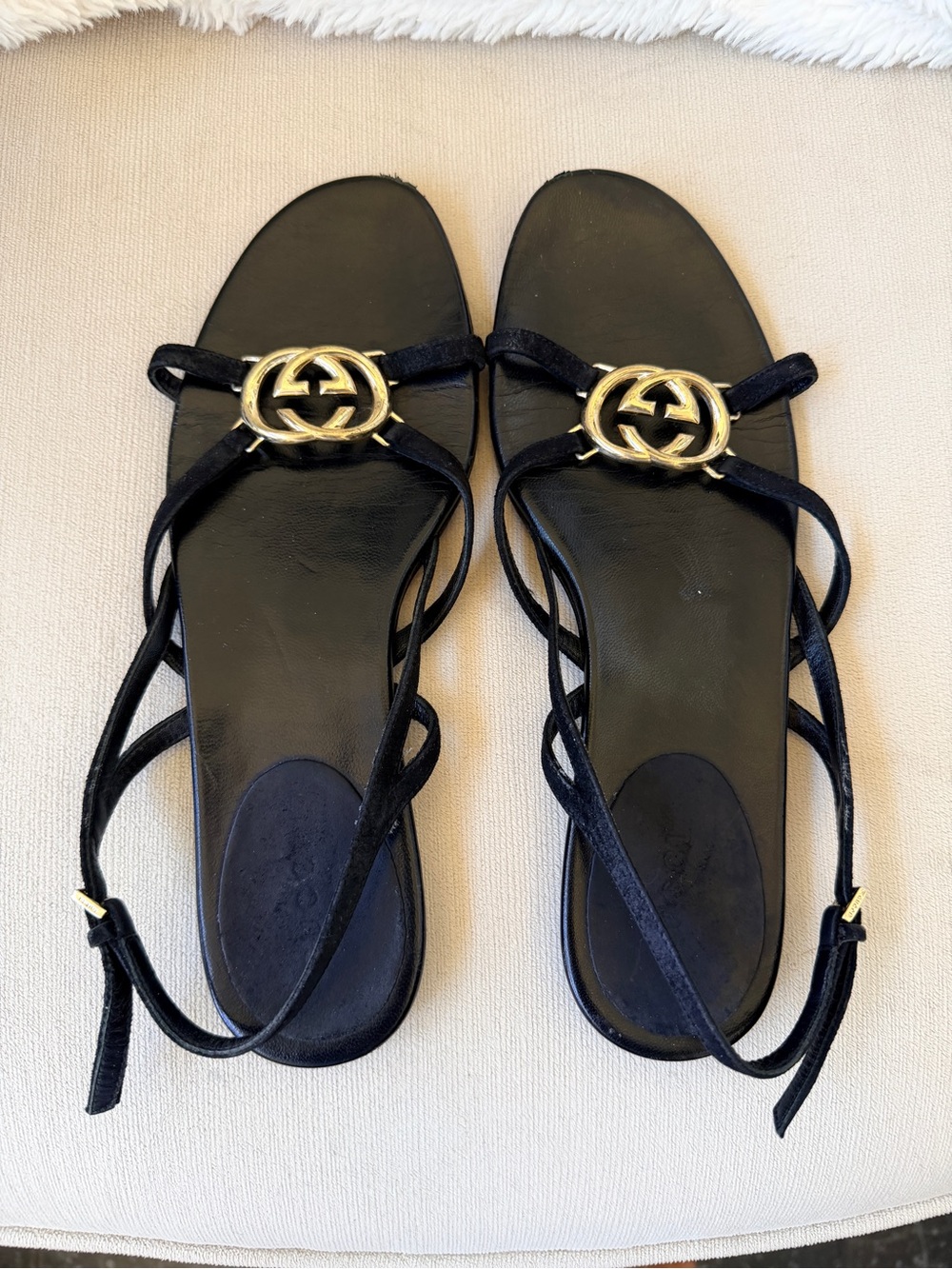 Gucci Black Leather Sandals with Gold Double G Emblem